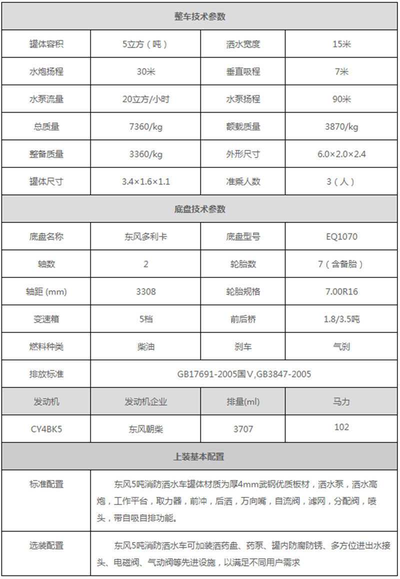 东风5吨消防洒水车参数